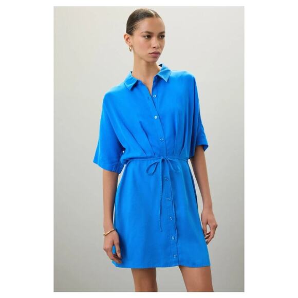 Thakoon x RTR Tie Waist Mini Shirt Dress Blue Pleated Button Front Tencel Size 8 - Picture 1 of 9